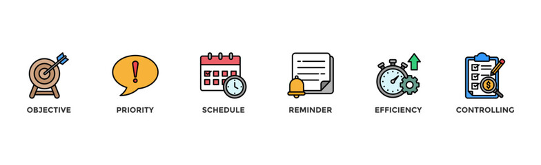 Time management banner web icon illustration concept with icon of objective, priority, schedule, reminder, efficiency, alerts, and controlling