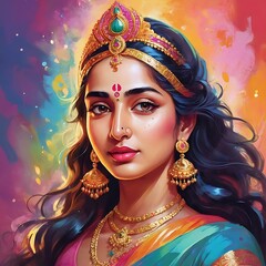 Colorful Oil Painting of Goddess Radha: Holi Festival Concept, Isolated, Printable Design, High Quality - obrazy, fototapety, plakaty
