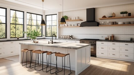 Cropped shot of a bright kitchen room designed in white with a black countertop