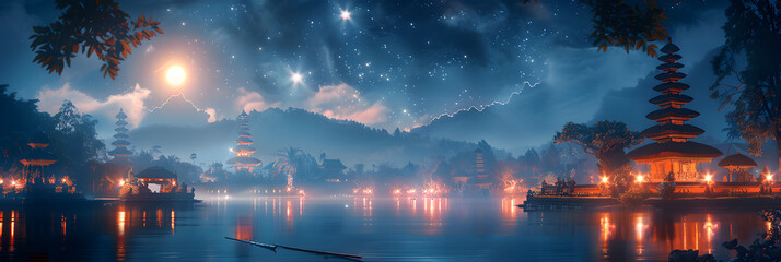 yepi Day background with a serene temple scene,
Dark night pond with floating on surface floating asian lanterns
