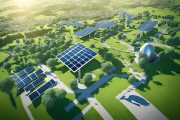 Eco city with wind turbines and green meadows. 3D rendering, Aerial view of a sustainable city with...