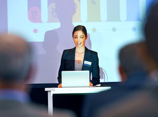 Business woman, podium and presentation with projector screen, conference or workshop with laptop...