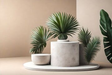 stone podium with tropical plant on summer concept for product display.