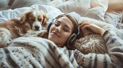 Obraz premium Carefree woman listening to music through headphones lying on bed at home with her dog
