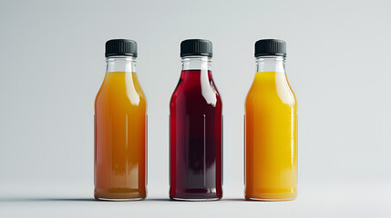 Three bottles of natural vegetable or fruit juices with black caps without labels.  generative ai 