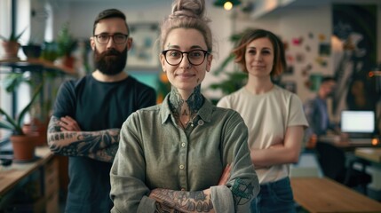 Portrait of group tattoo people creative Ideas standing in office.