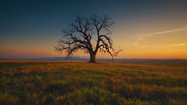 A single tree stands in a vast plain, its silhouette set against the sunset sky. The contrast of colors between the sky and the ground is striking, and the stillness of the grassland is palpable.
