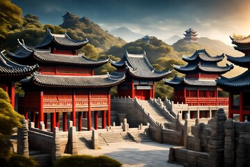 Landscape of chinese temple in the mist at sunset with mountain background