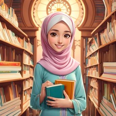 Illustration of beautiful hijab girl with books in the library