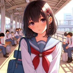電車を待つ女子高生