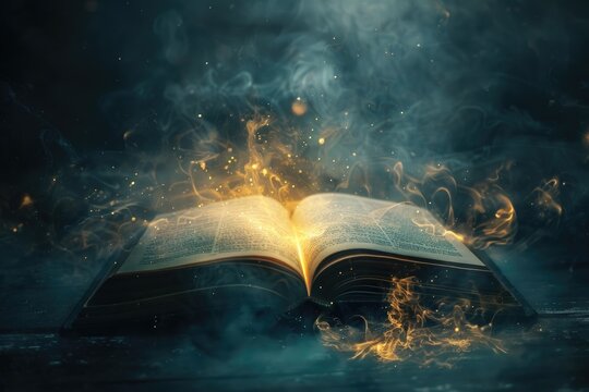 An open book with words glowing inviting the reader into a world of knowledge and discovery