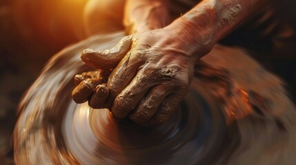 A sculptors hands shaping clay on a wheel capturing the moment of creation and the beauty of craftsmanship
