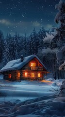A rustic cabin in a snowy landscape at night with warm light spilling from the windows