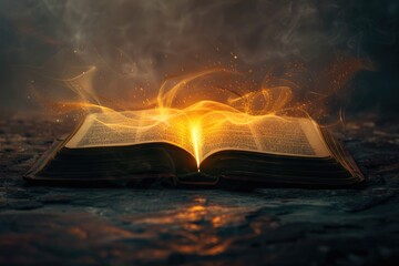 An open book with words glowing inviting the reader into a world of knowledge and discovery - obrazy, fototapety, plakaty