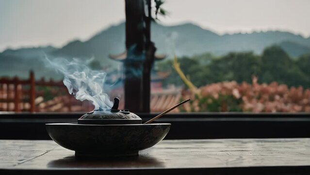An image highlighted by smoke rising from an incense burner, with a background showing the roofs of a temple surrounded by trees and mountains. The window frame and verdant scenery contribute to a pea