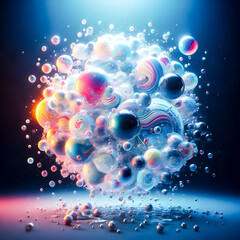 3D illustration of water droplets clumping together.