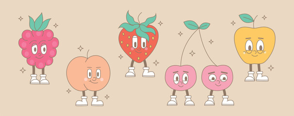 Retro groovy cartoon fruit characters. Modern cute comic mascot of raspberry, peach, strawberry, cherry, apple with happy smile face and feet