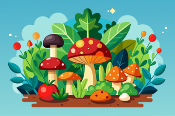 Naklejka premium Mushrooms with vegetable decoration on the wooden background.