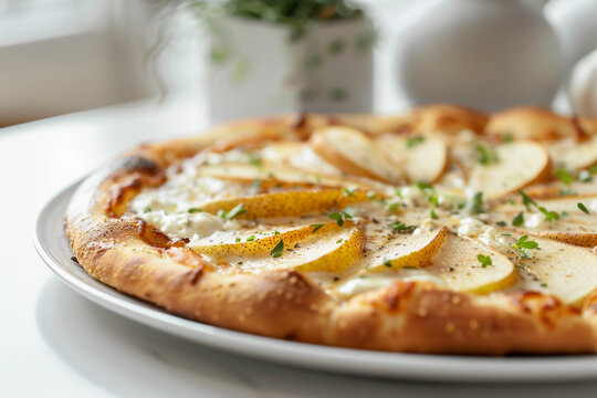 Gourmet Pear and Gorgonzola Pizza on White Plate Gen AI
