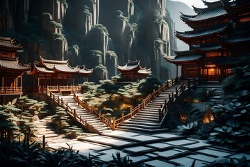 Traditional Chinese Buddhist Temple illuminated for the Mid-Autumn festival. digital art