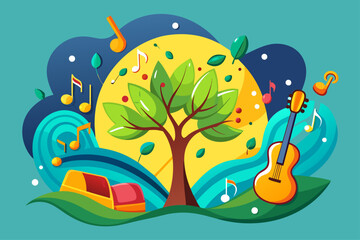 A lone tree stands tall against a backdrop of flowing melodies and vibrant beats.