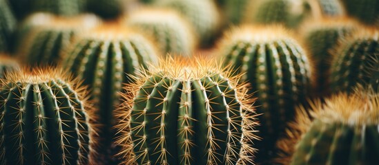A close up of a row of cactus plants showcasing their unique patterns, symmetry, and sharp thorns. The macro photography captures the art in these terrestrial flowering plants