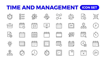 Business and management line icons set. Management icon collection. Project management icon collection. Time management and planning concept. Outline icon set.