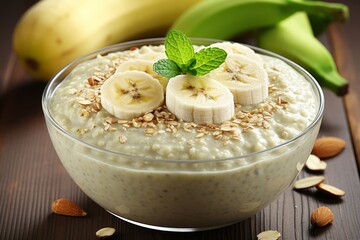 Healthy oatmeal, banana, and yogurt breakfast on table in the beautiful morning sun