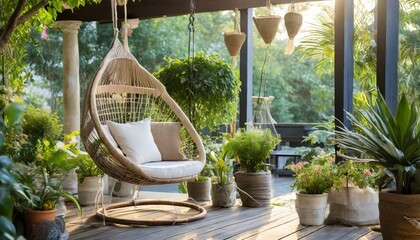 swing in the garden.a stylish swing chair on the covered patio or veranda, suspended from a sturdy beam or frame. Surround the chair with potted plants, comfortable cushions, and soft lighting to crea
