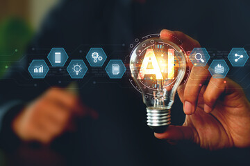 Light bulb and AI Artificial Intelligence technology digital icon for business industry analysis...