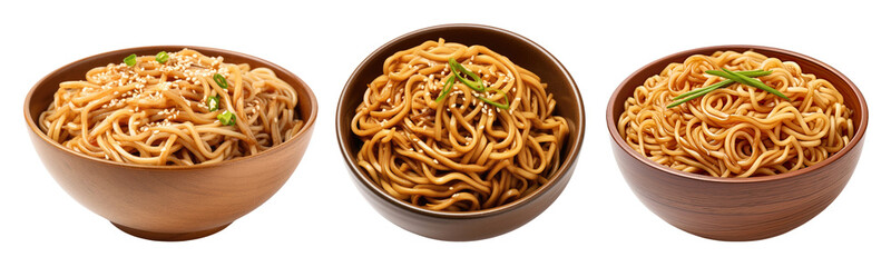 Wooden bowls with noodles isolated on transparent background, Asian cuisine