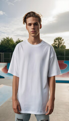 Portrait of stylish young man in white t-shirt and shorts in the skatepark