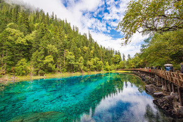 Beautiful view of clear lake at Pearl Beach in Jiuzhaigou, Sichuan, China