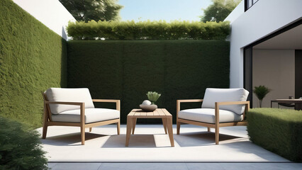 Tranquil Urban Oasis Minimalist Chairs and Sleek Table Amid Modern Garden