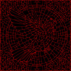 mosaic of dove bird - red on black background - stained glass (artwork 2)