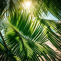 green palm tree leaves, casting dappled shadows on a sandy beach, embodying the essence of a tropical summer