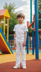 portrait of a cute little boy in white t-shirt standing on the playground