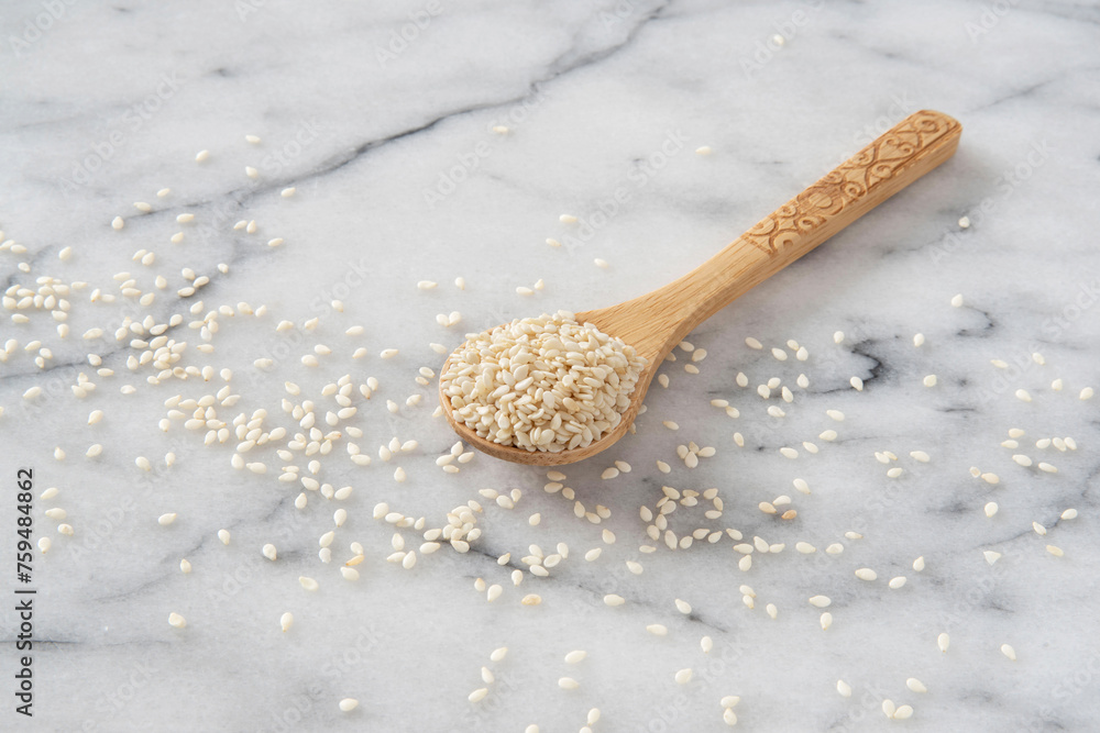 Wall mural close-up of white sesame seeds