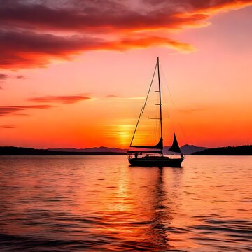 sunset paints the sky in hues of orange and pink, casting a warm glow over a sailboat