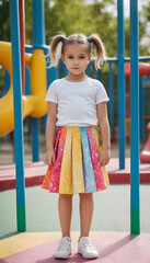 portrait of a cute little girl in colorful skirt and white t-shirt standing on playground