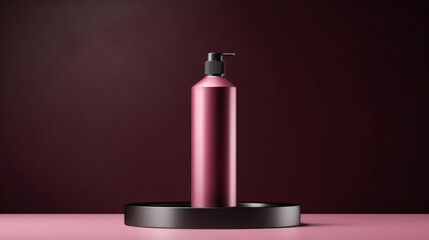 Minimalistic image of a pink shampoo bottle in the center of the podium. Luxurious studio lighting. Generative AI