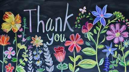 Thank You Card. Written by Chalk on the Blackboard with Flower Drawing.