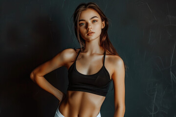Fototapeta na wymiar a beautiful girl with perfect slim toned young body of the girl . An example of sports , fitness or plastic surgery and aesthetic cosmetology