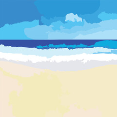 Fototapeta na wymiar Turquoise sea, dark blue, light blue, gray blue, white sand beach, cream color, light blue sky, dark blue, grey, indigo blue.