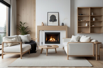 Two white sofas near fireplace against white wall with wooden cabinet and art poster. Scandinavian minimalist style home interior design of modern living room.