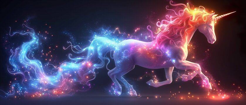 A Bright Unicorn Horse Surrounded By Bright Multi-Colored Particles. Illustration On The Theme Of Fairy Tales And Dreams, Fantasy And Cartoons. Generative AI