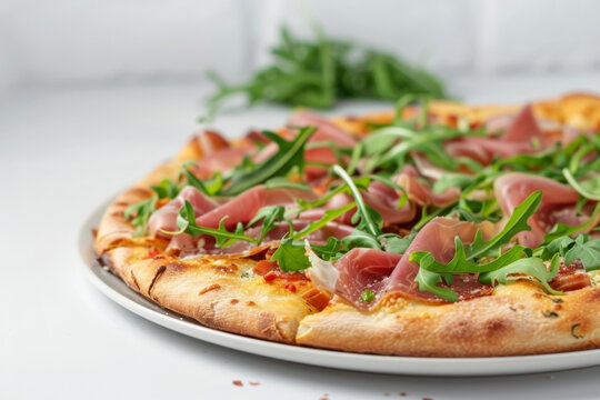Delicious Prosciutto and Arugula Pizza on Minimalist White Setting Gen AI