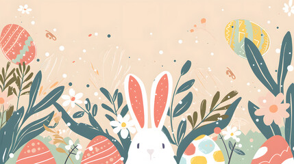 Retro Holiday Cheer : un ensemble d'affiches de Pâques plates et vibrantes comportant des oreilles de lapin, des œufs, une branche de saule et des éléments floraux - obrazy, fototapety, plakaty