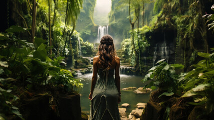 Beautiful girl standing with her back in a wonderful dress on the background of waterfall in the forest. Generative AI - obrazy, fototapety, plakaty