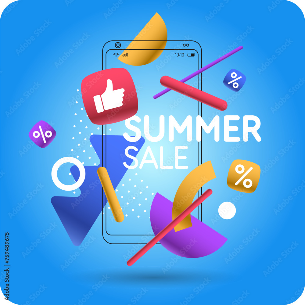 Poster poster sale. bright abstract background with various geometric elements. a composition of various sh